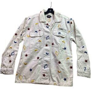 Stone Row‎ Jacket Womens Medium White Celestial Star Moon Embroidered AOP Coat